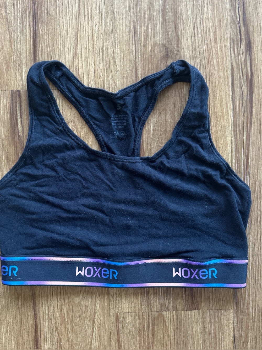 Woxer Black Racerback Sports Bra with Multicolor Logo Band